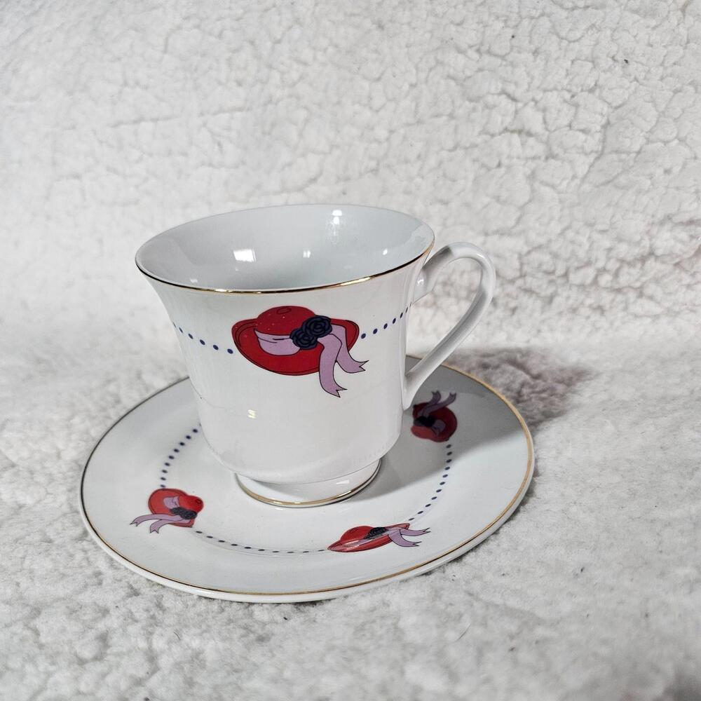 Darice Red Hat Tea Cup & Saucer Plate Set Society Porcelain Gold Trim W/ Handle